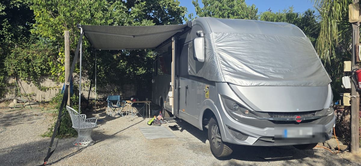Our motorhome set up for summer in Nerja, Spain