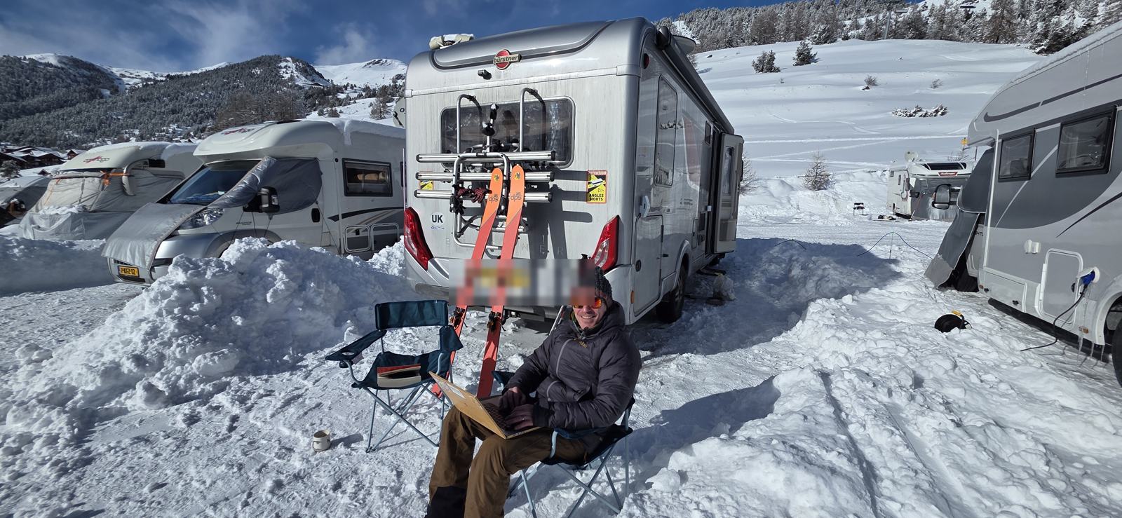 Working outside the motorhome at a ski resort
